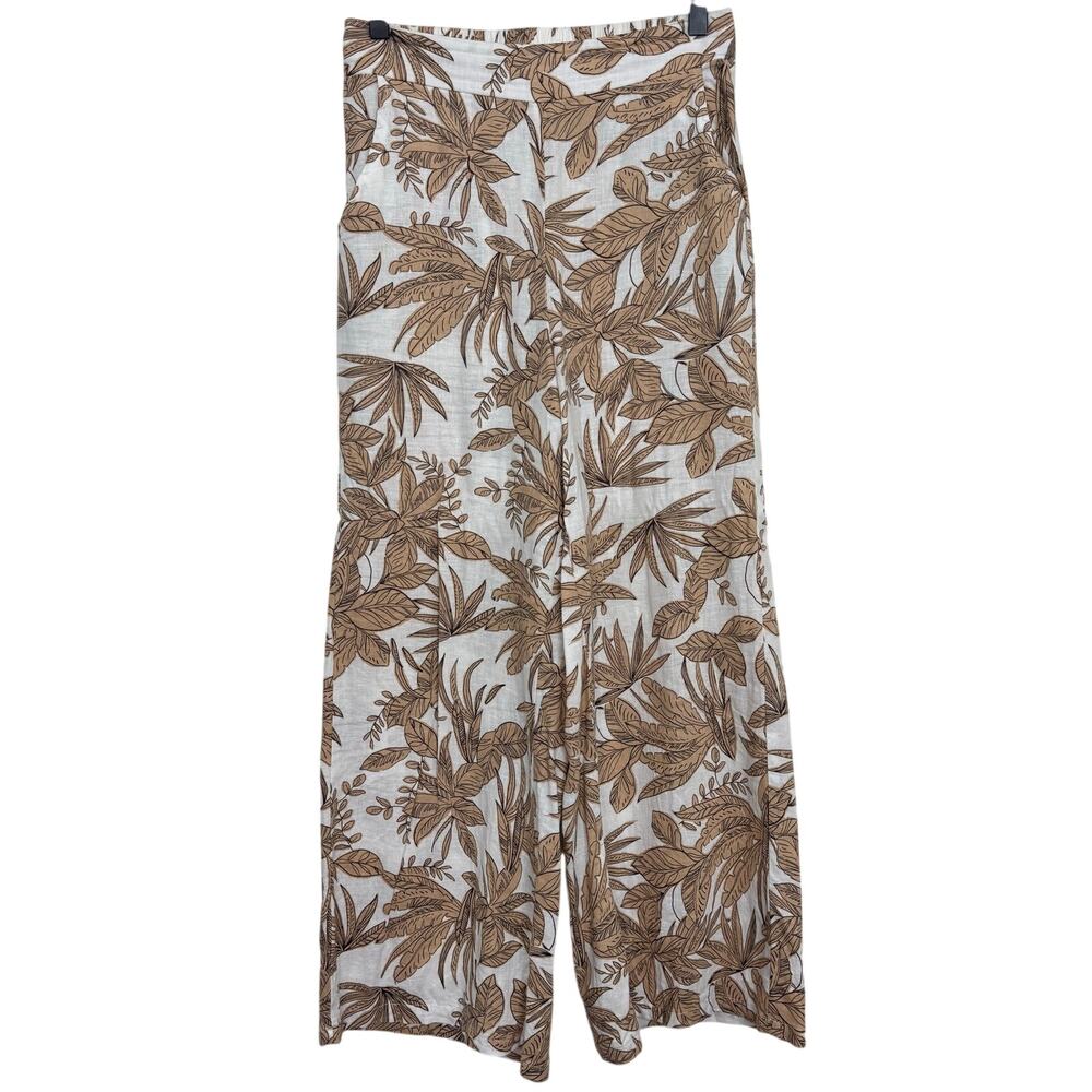 Nicole Miller High Waist Wide Leg Pants White & Beige Palm Leaf XS Linen Blend